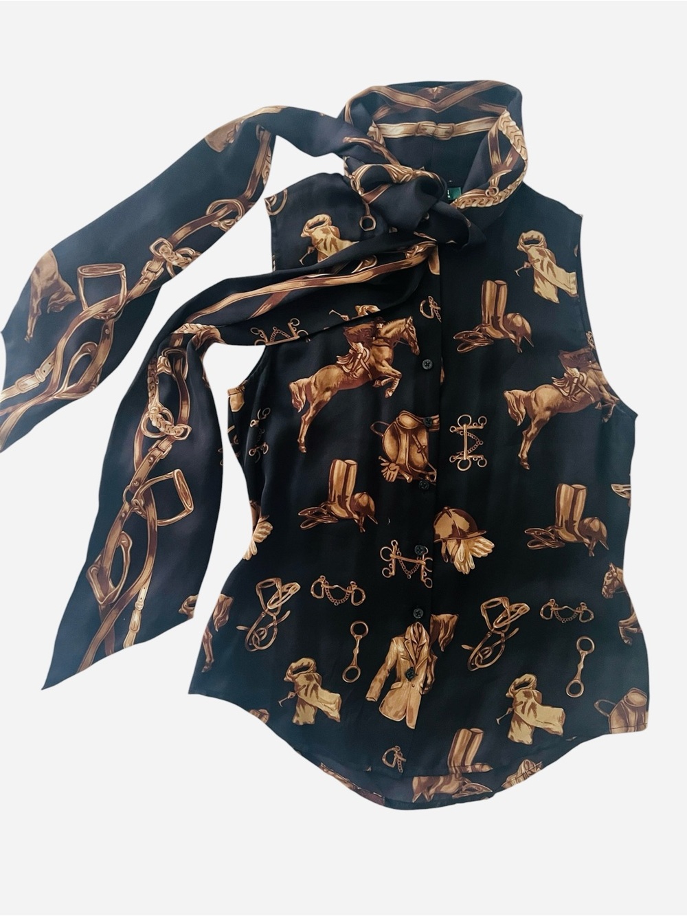 Ralph Lauren sleeveless bow blouse silk equestrian print horse tack jumping